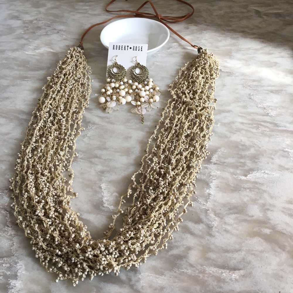 NWT Boho Neutral Multi-Strand Seed Bead Necklace & Earrings Set | Long Statement